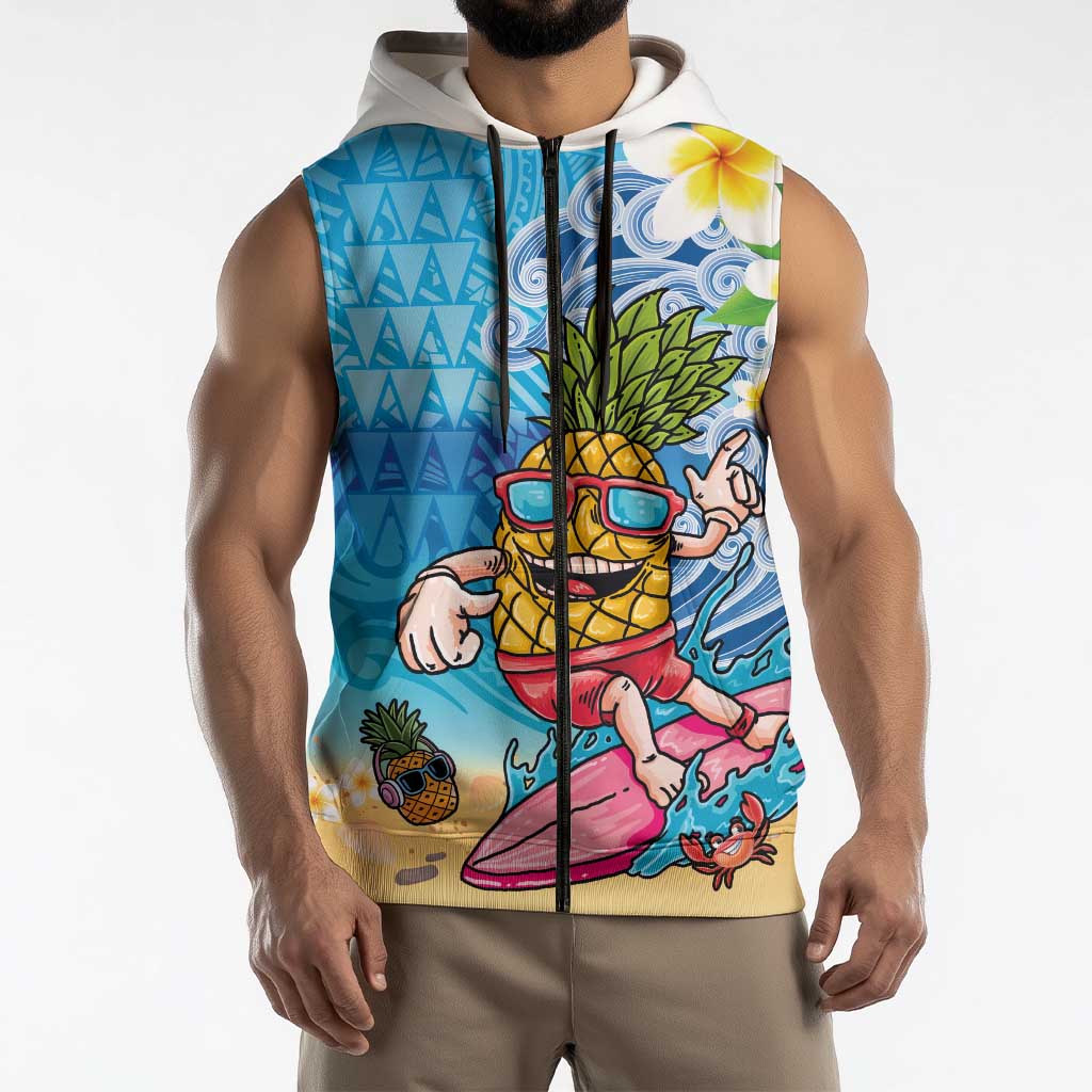 Hawaiian Funny Pineapple Surfing Sleeveless Zip Hoodie Beach with Tribal Kakau and Plumeria