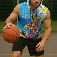Hawaiian Funny Pineapple Surfing Sleeveless Zip Hoodie Beach with Tribal Kakau and Plumeria