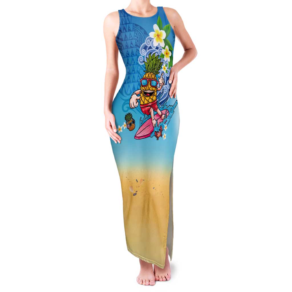 Hawaiian Funny Pineapple Surfing Tank Maxi Dress Beach with Tribal Kakau and Plumeria
