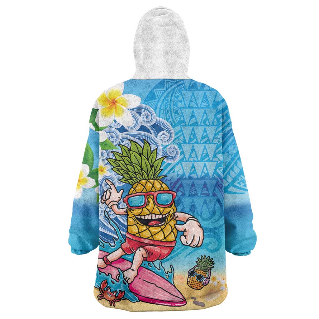 Hawaiian Funny Pineapple Surfing Wearable Blanket Hoodie Beach with Tribal Kakau and Plumeria