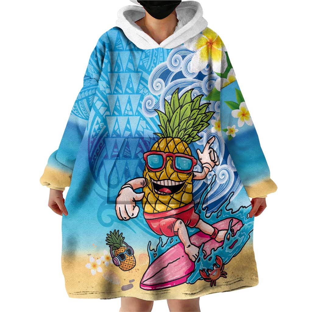 Hawaiian Funny Pineapple Surfing Wearable Blanket Hoodie Beach with Tribal Kakau and Plumeria