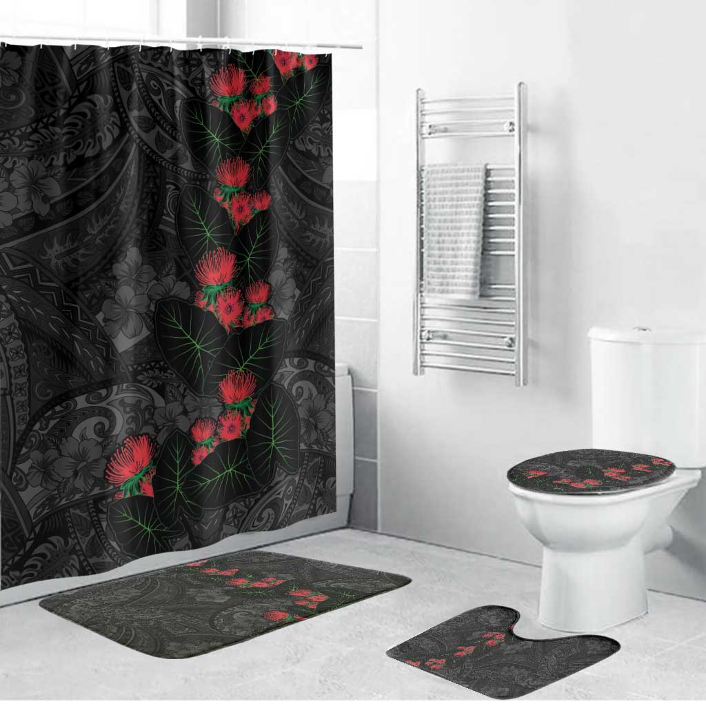 Hawaiian Taro Leaves and Ohia Lehua Bathroom Set Polynesian Tribal Art Tropical Plants Motifs Grayscale