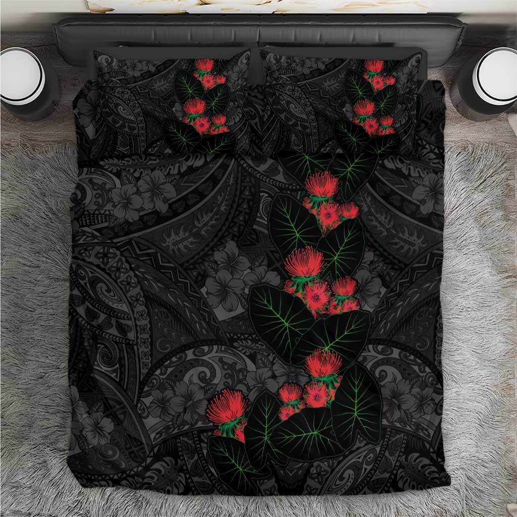 Hawaiian Taro Leaves and Ohia Lehua Bedding Set Polynesian Tribal Art Tropical Plants Motifs Grayscale