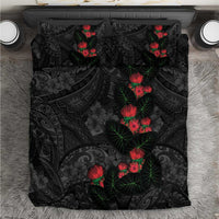 Hawaiian Taro Leaves and Ohia Lehua Bedding Set Polynesian Tribal Art Tropical Plants Motifs Grayscale