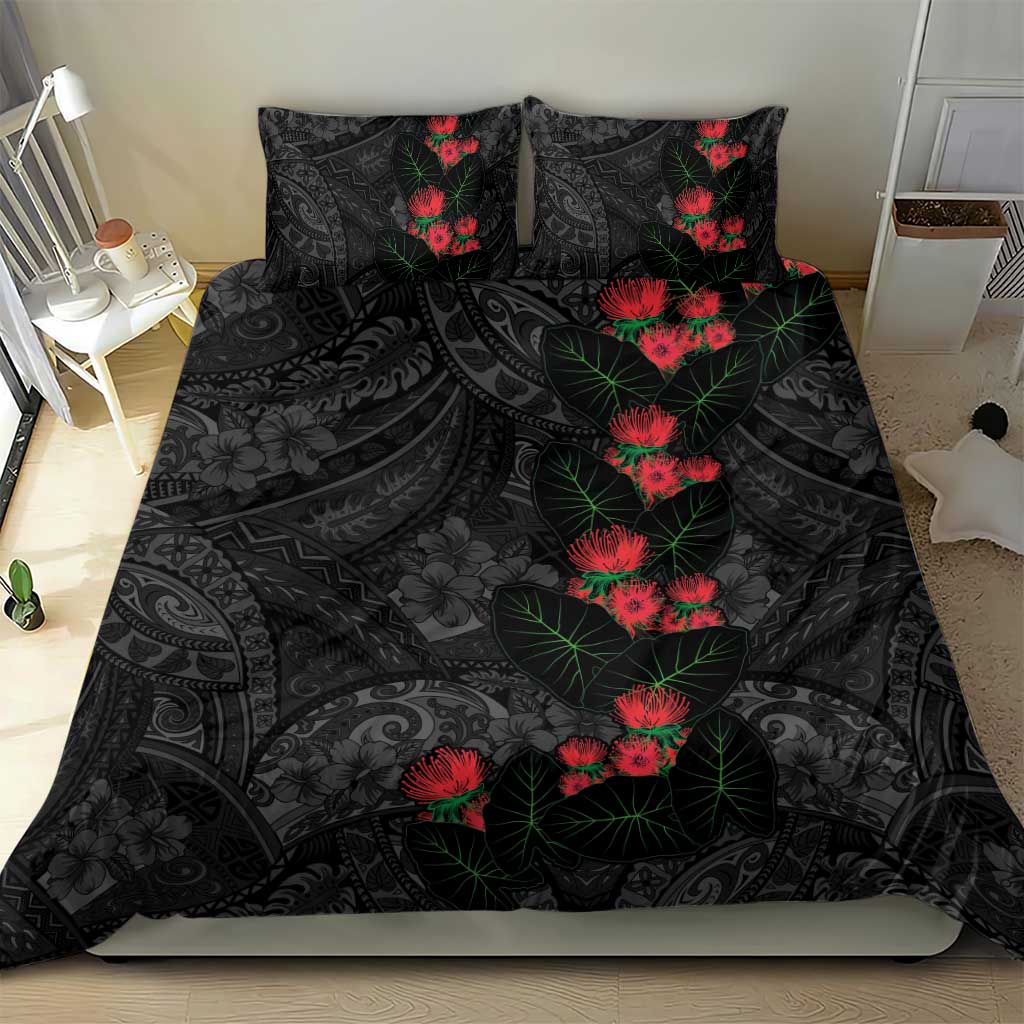 Hawaiian Taro Leaves and Ohia Lehua Bedding Set Polynesian Tribal Art Tropical Plants Motifs Grayscale