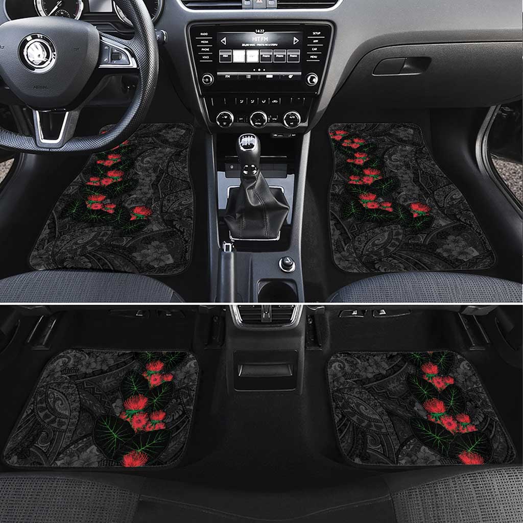 Hawaiian Taro Leaves and Ohia Lehua Car Mats Polynesian Tribal Art Tropical Plants Motifs Grayscale