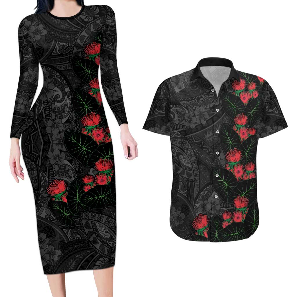 Hawaiian Taro Leaves and Ohia Lehua Couples Matching Long Sleeve Bodycon Dress and Hawaiian Shirt Polynesian Tribal Art Tropical Plants Motifs Grayscale