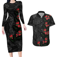Hawaiian Taro Leaves and Ohia Lehua Couples Matching Long Sleeve Bodycon Dress and Hawaiian Shirt Polynesian Tribal Art Tropical Plants Motifs Grayscale