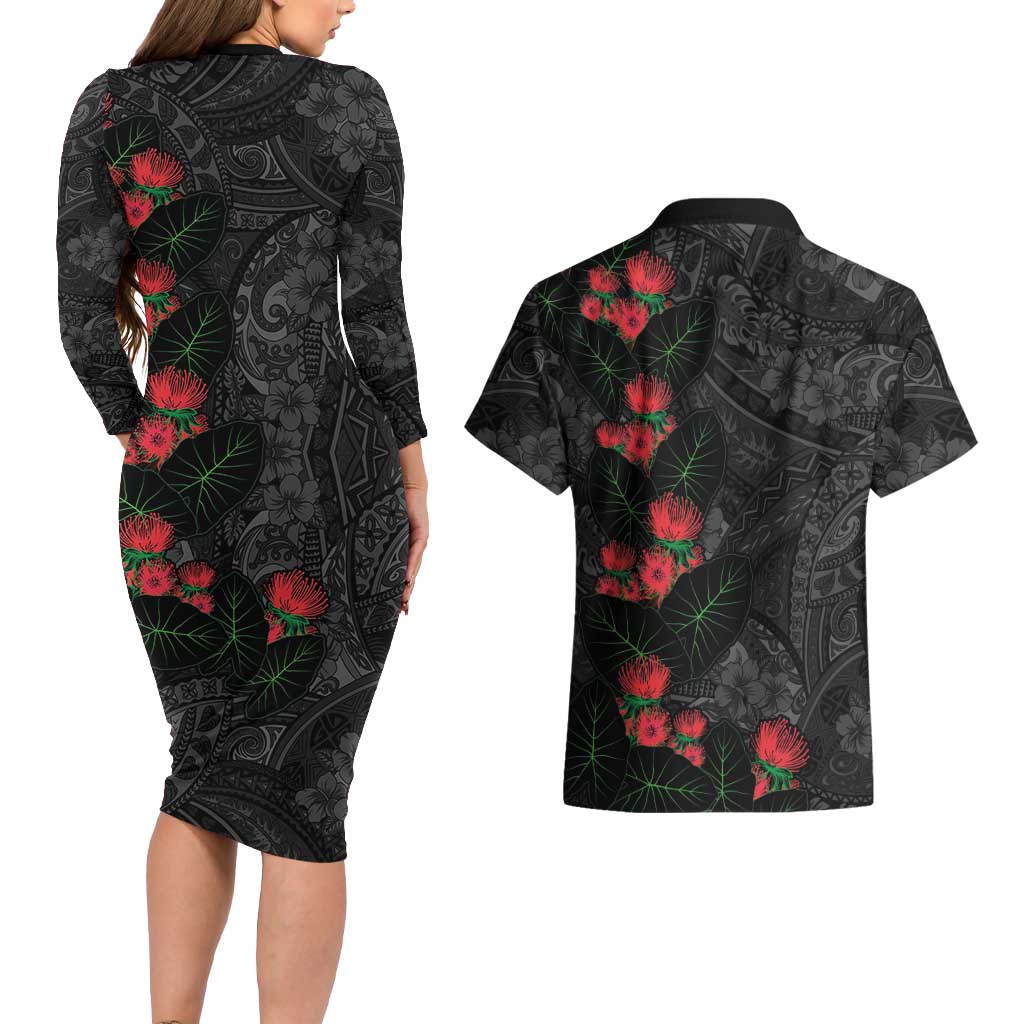 Hawaiian Taro Leaves and Ohia Lehua Couples Matching Long Sleeve Bodycon Dress and Hawaiian Shirt Polynesian Tribal Art Tropical Plants Motifs Grayscale