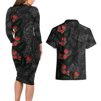 Hawaiian Taro Leaves and Ohia Lehua Couples Matching Long Sleeve Bodycon Dress and Hawaiian Shirt Polynesian Tribal Art Tropical Plants Motifs Grayscale