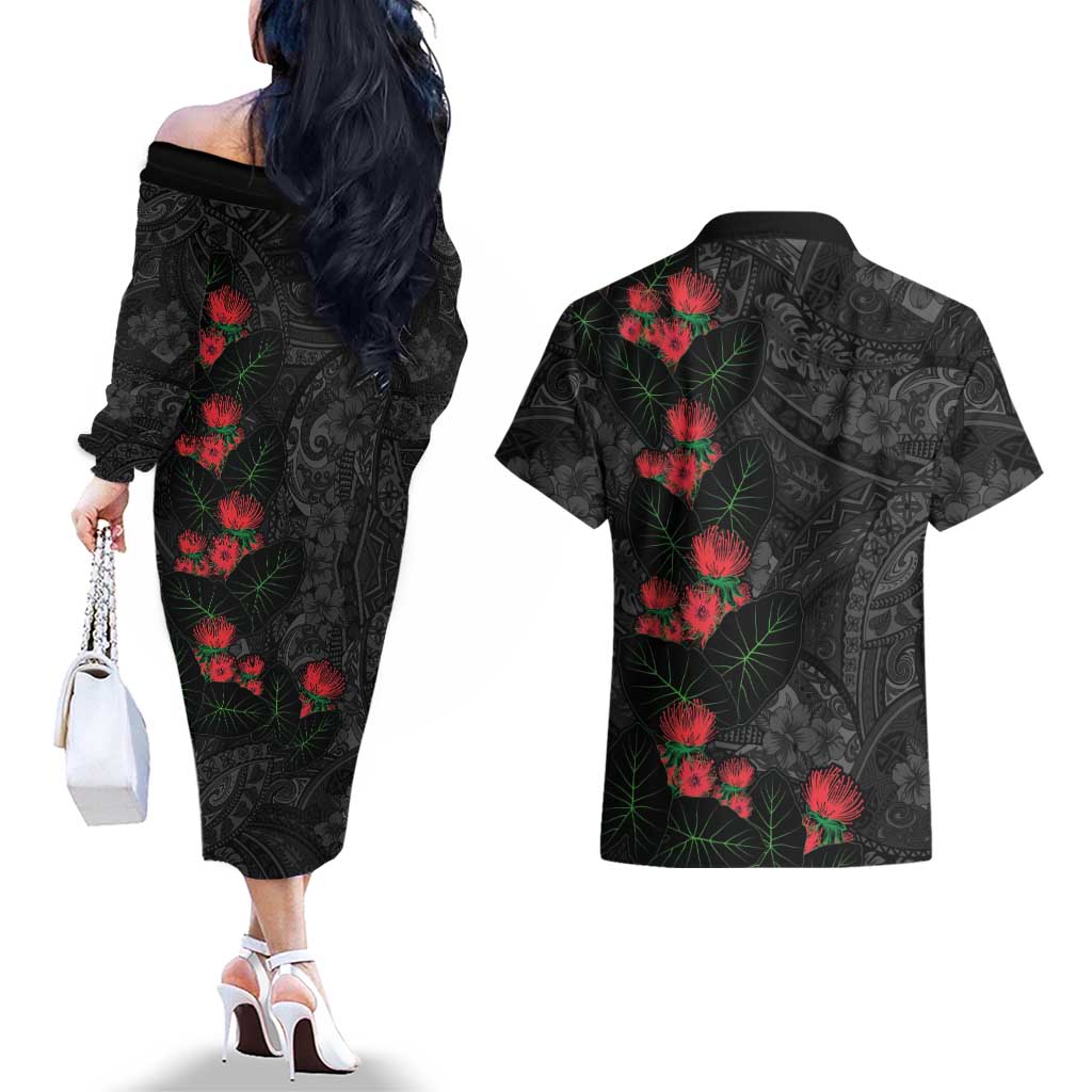 Hawaiian Taro Leaves and Ohia Lehua Couples Matching Off The Shoulder Long Sleeve Dress and Hawaiian Shirt Polynesian Tribal Art Tropical Plants Motifs Grayscale