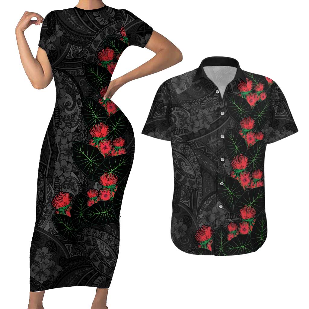 Hawaiian Taro Leaves and Ohia Lehua Couples Matching Short Sleeve Bodycon Dress and Hawaiian Shirt Polynesian Tribal Art Tropical Plants Motifs Grayscale