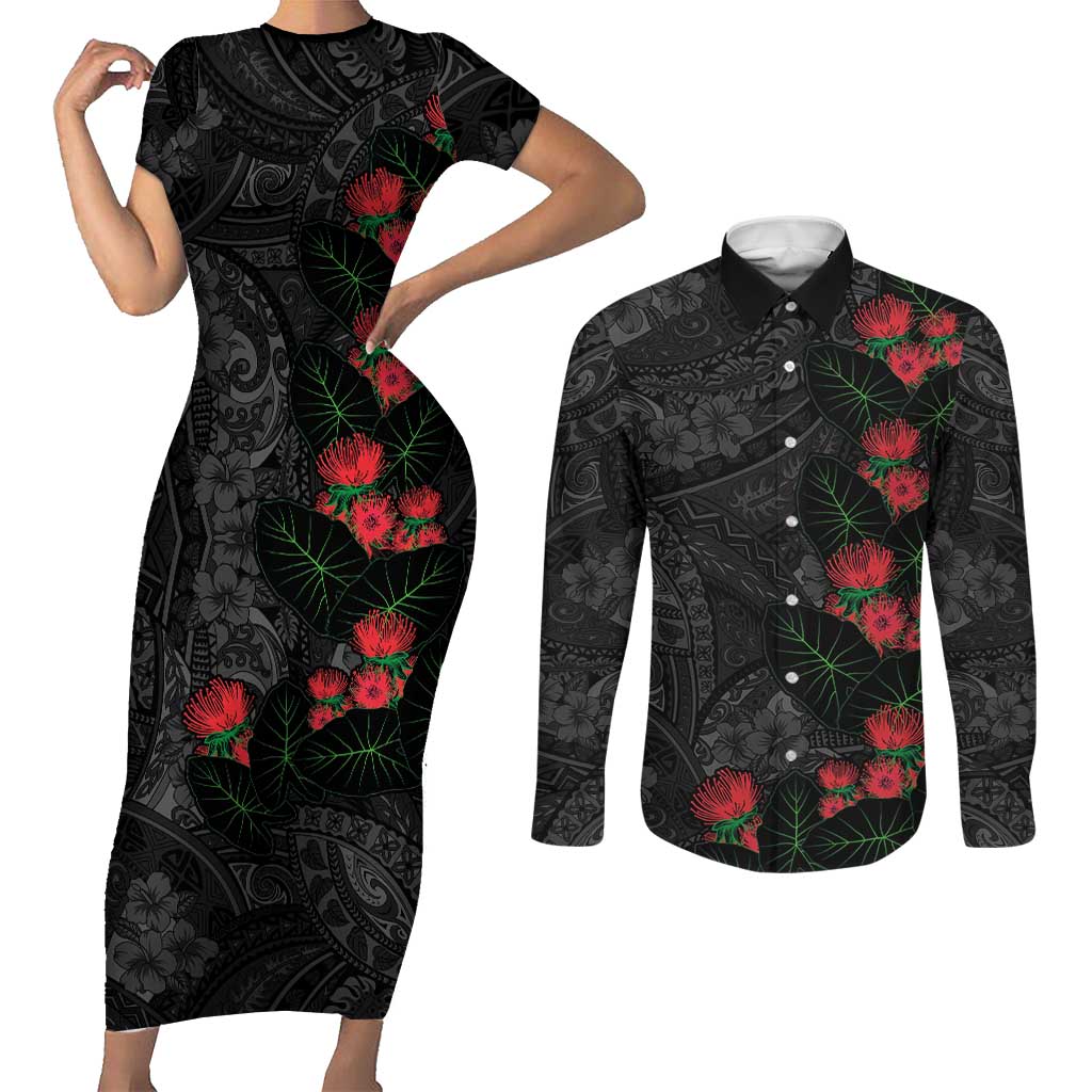 Hawaiian Taro Leaves and Ohia Lehua Couples Matching Short Sleeve Bodycon Dress and Long Sleeve Button Shirt Polynesian Tribal Art Tropical Plants Motifs Grayscale