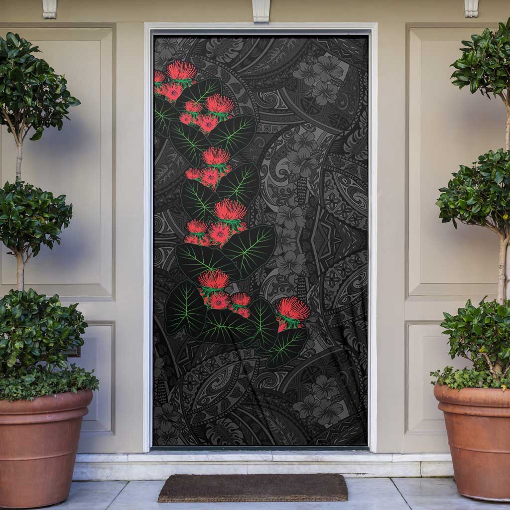 Hawaiian Taro Leaves and Ohia Lehua Door Cover Polynesian Tribal Art Tropical Plants Motifs Grayscale