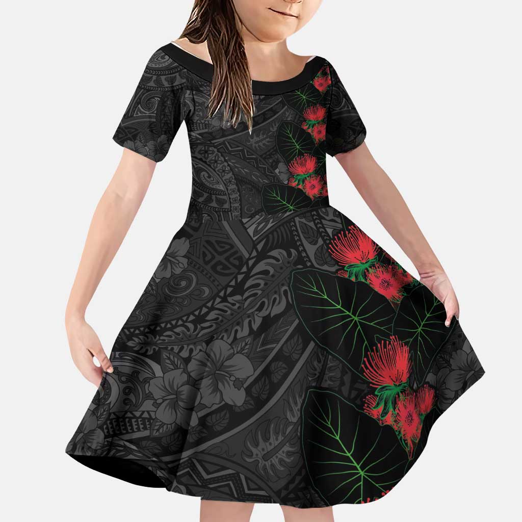 Hawaiian Taro Leaves and Ohia Lehua Family Matching Long Sleeve Bodycon Dress and Hawaiian Shirt Polynesian Tribal Art Tropical Plants Motifs Grayscale