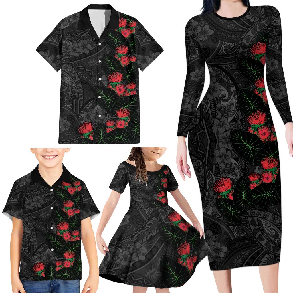 Hawaiian Taro Leaves and Ohia Lehua Family Matching Long Sleeve Bodycon Dress and Hawaiian Shirt Polynesian Tribal Art Tropical Plants Motifs Grayscale