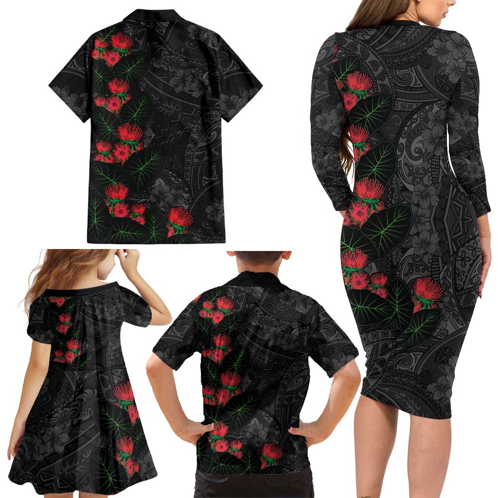Hawaiian Taro Leaves and Ohia Lehua Family Matching Long Sleeve Bodycon Dress and Hawaiian Shirt Polynesian Tribal Art Tropical Plants Motifs Grayscale