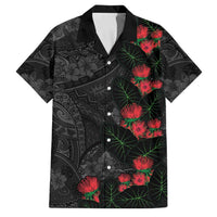 Hawaiian Taro Leaves and Ohia Lehua Family Matching Long Sleeve Bodycon Dress and Hawaiian Shirt Polynesian Tribal Art Tropical Plants Motifs Grayscale