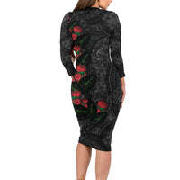 Hawaiian Taro Leaves and Ohia Lehua Family Matching Long Sleeve Bodycon Dress and Hawaiian Shirt Polynesian Tribal Art Tropical Plants Motifs Grayscale