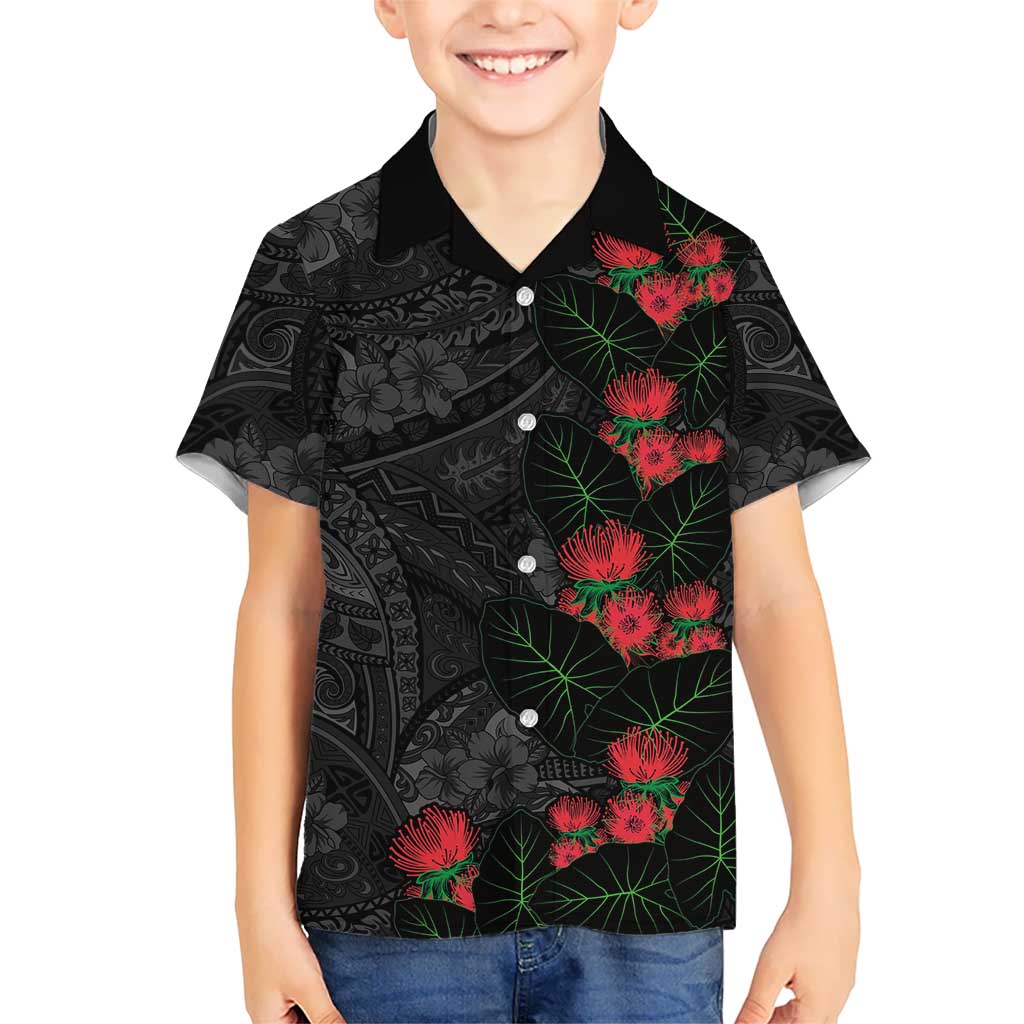 Hawaiian Taro Leaves and Ohia Lehua Family Matching Long Sleeve Bodycon Dress and Hawaiian Shirt Polynesian Tribal Art Tropical Plants Motifs Grayscale
