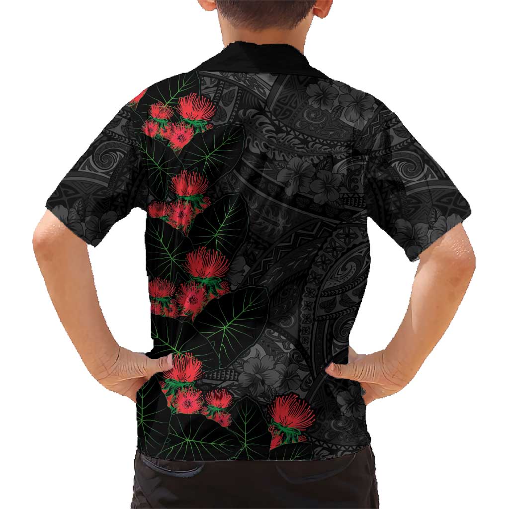 Hawaiian Taro Leaves and Ohia Lehua Family Matching Mermaid Dress and Hawaiian Shirt Polynesian Tribal Art Tropical Plants Motifs Grayscale