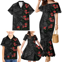 Hawaiian Taro Leaves and Ohia Lehua Family Matching Mermaid Dress and Hawaiian Shirt Polynesian Tribal Art Tropical Plants Motifs Grayscale