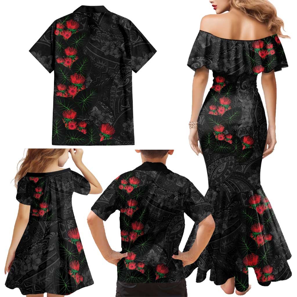 Hawaiian Taro Leaves and Ohia Lehua Family Matching Mermaid Dress and Hawaiian Shirt Polynesian Tribal Art Tropical Plants Motifs Grayscale