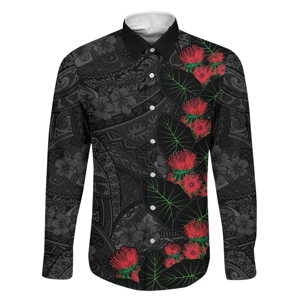 Hawaiian Taro Leaves and Ohia Lehua Family Matching Mermaid Dress and Hawaiian Shirt Polynesian Tribal Art Tropical Plants Motifs Grayscale