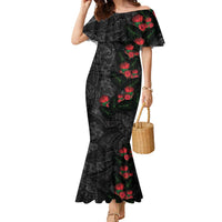 Hawaiian Taro Leaves and Ohia Lehua Family Matching Mermaid Dress and Hawaiian Shirt Polynesian Tribal Art Tropical Plants Motifs Grayscale
