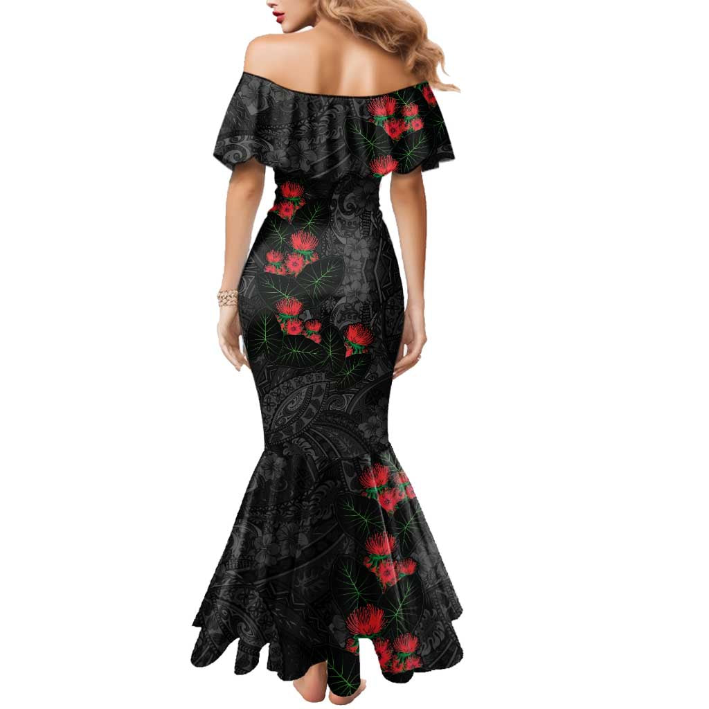Hawaiian Taro Leaves and Ohia Lehua Family Matching Mermaid Dress and Hawaiian Shirt Polynesian Tribal Art Tropical Plants Motifs Grayscale