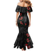 Hawaiian Taro Leaves and Ohia Lehua Family Matching Mermaid Dress and Hawaiian Shirt Polynesian Tribal Art Tropical Plants Motifs Grayscale