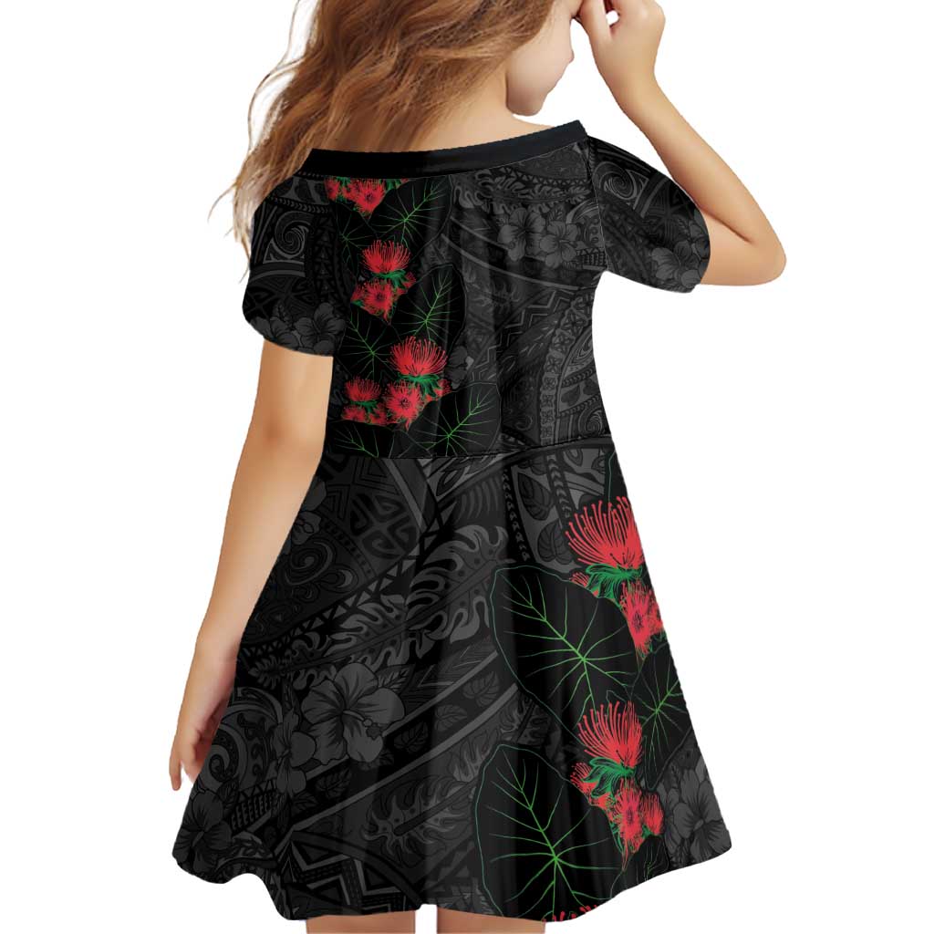 Hawaiian Taro Leaves and Ohia Lehua Family Matching Short Sleeve Bodycon Dress and Hawaiian Shirt Polynesian Tribal Art Tropical Plants Motifs Grayscale