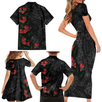 Hawaiian Taro Leaves and Ohia Lehua Family Matching Short Sleeve Bodycon Dress and Hawaiian Shirt Polynesian Tribal Art Tropical Plants Motifs Grayscale