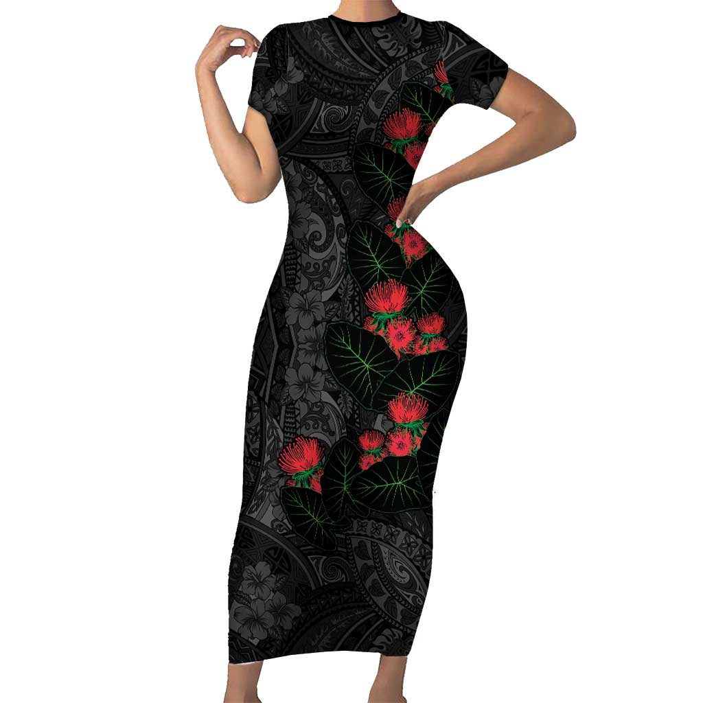Hawaiian Taro Leaves and Ohia Lehua Family Matching Short Sleeve Bodycon Dress and Hawaiian Shirt Polynesian Tribal Art Tropical Plants Motifs Grayscale