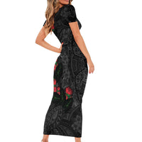 Hawaiian Taro Leaves and Ohia Lehua Family Matching Short Sleeve Bodycon Dress and Hawaiian Shirt Polynesian Tribal Art Tropical Plants Motifs Grayscale