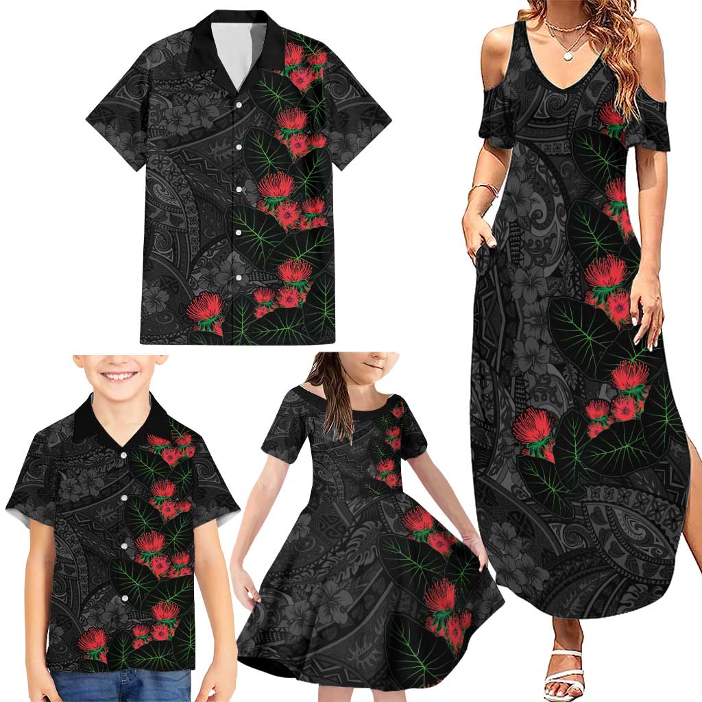 Hawaiian Taro Leaves and Ohia Lehua Family Matching Summer Maxi Dress and Hawaiian Shirt Polynesian Tribal Art Tropical Plants Motifs Grayscale
