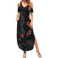 Hawaiian Taro Leaves and Ohia Lehua Family Matching Summer Maxi Dress and Hawaiian Shirt Polynesian Tribal Art Tropical Plants Motifs Grayscale LT03 Mom's Dress Multicolor - Polynesian Pride