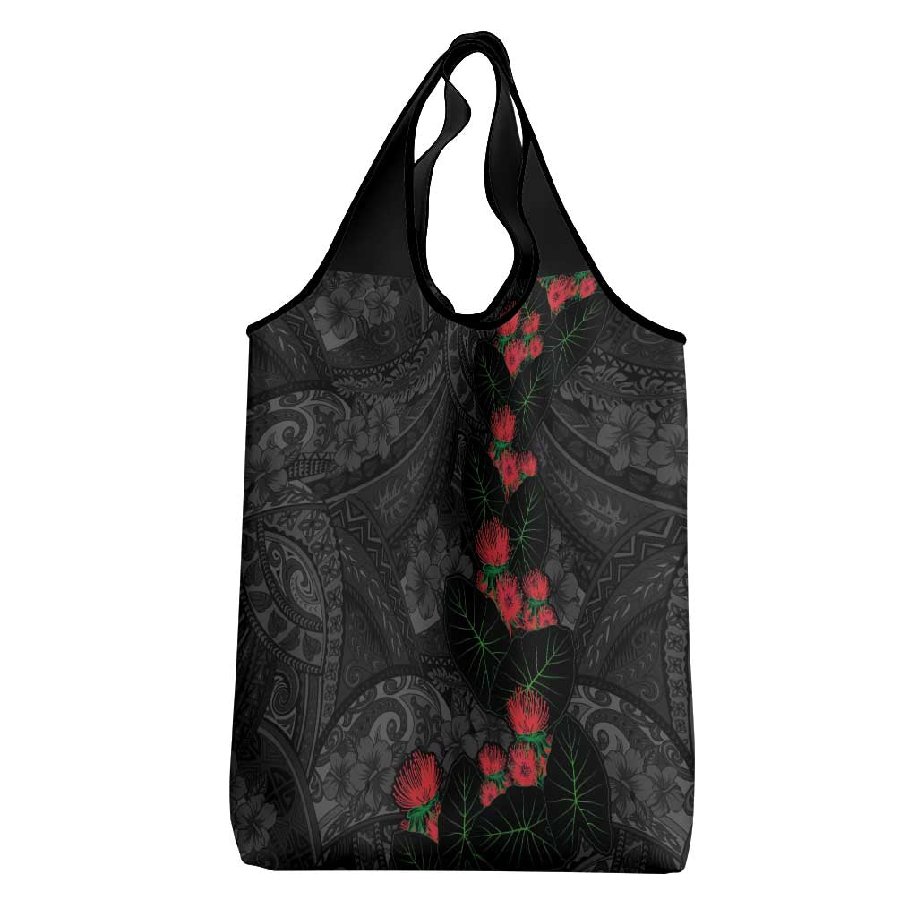 Hawaiian Taro Leaves and Ohia Lehua Grocery Bag Polynesian Tribal Art Tropical Plants Motifs Grayscale
