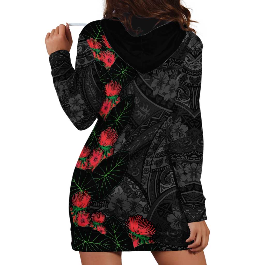 Hawaiian Taro Leaves and Ohia Lehua Hoodie Dress Polynesian Tribal Art Tropical Plants Motifs Grayscale