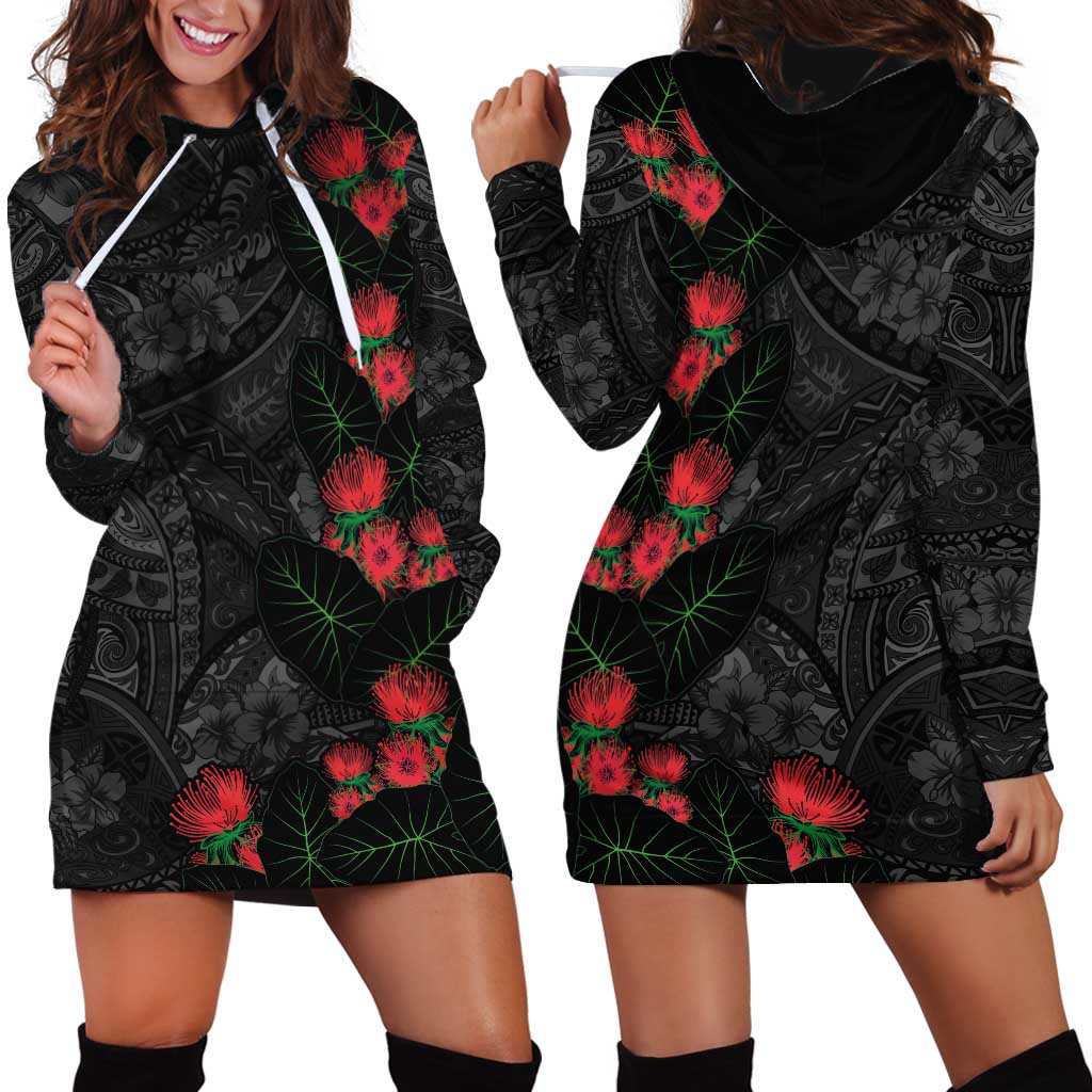 Hawaiian Taro Leaves and Ohia Lehua Hoodie Dress Polynesian Tribal Art Tropical Plants Motifs Grayscale