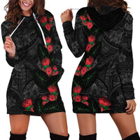 Hawaiian Taro Leaves and Ohia Lehua Hoodie Dress Polynesian Tribal Art Tropical Plants Motifs Grayscale