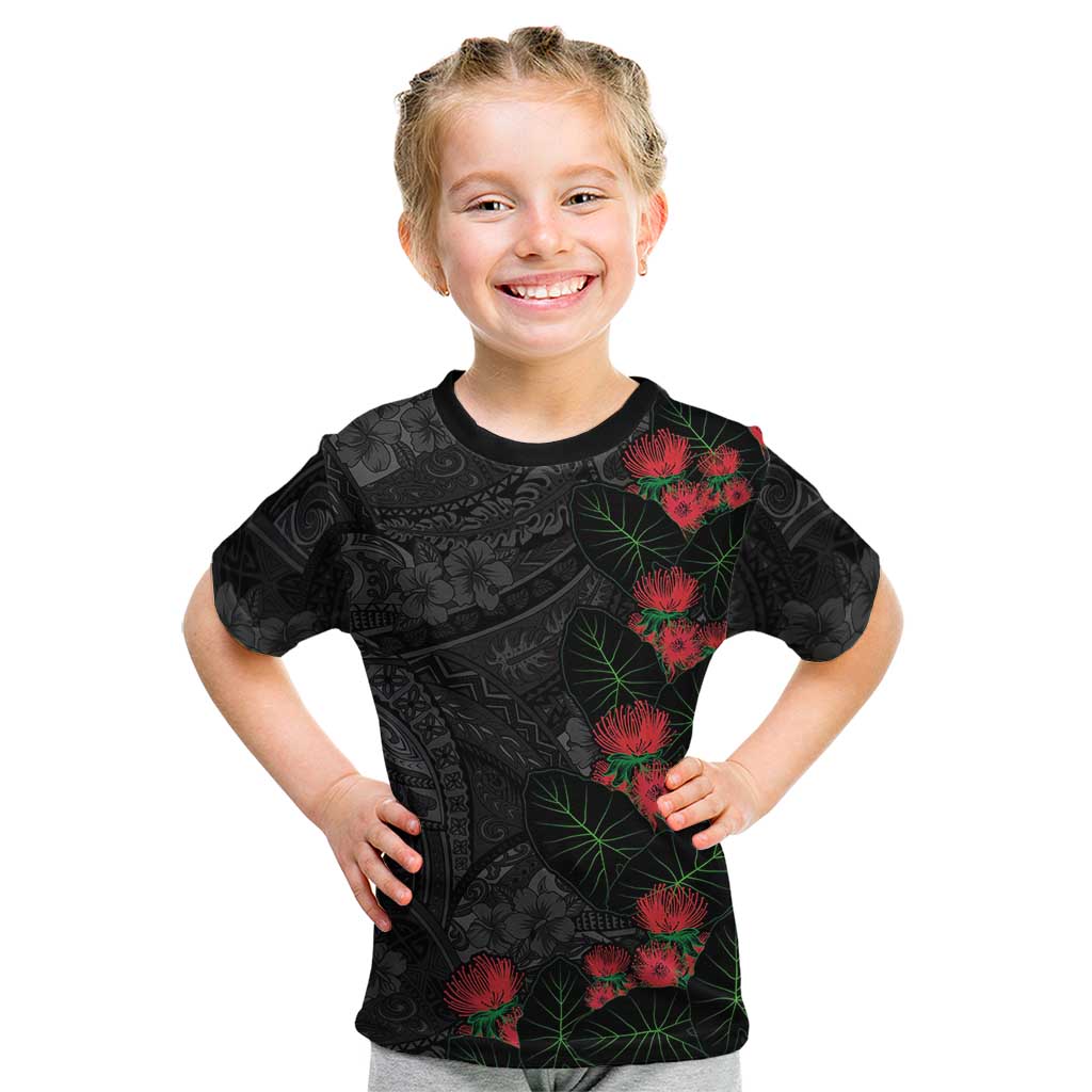 Hawaiian Taro Leaves and Ohia Lehua Kid T Shirt Polynesian Tribal Art Tropical Plants Motifs Grayscale