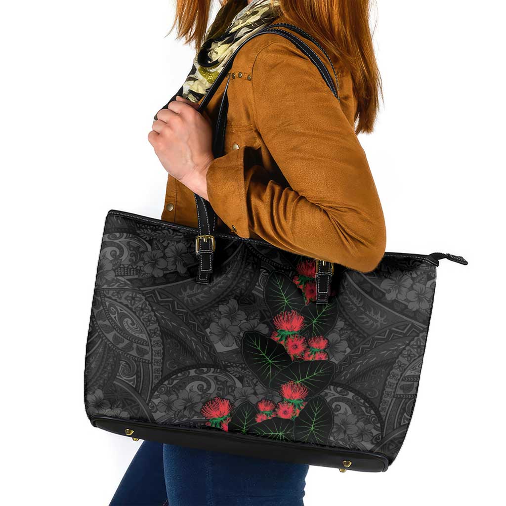 Hawaiian Taro Leaves and Ohia Lehua Leather Tote Bag Polynesian Tribal Art Tropical Plants Motifs Grayscale