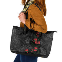 Hawaiian Taro Leaves and Ohia Lehua Leather Tote Bag Polynesian Tribal Art Tropical Plants Motifs Grayscale