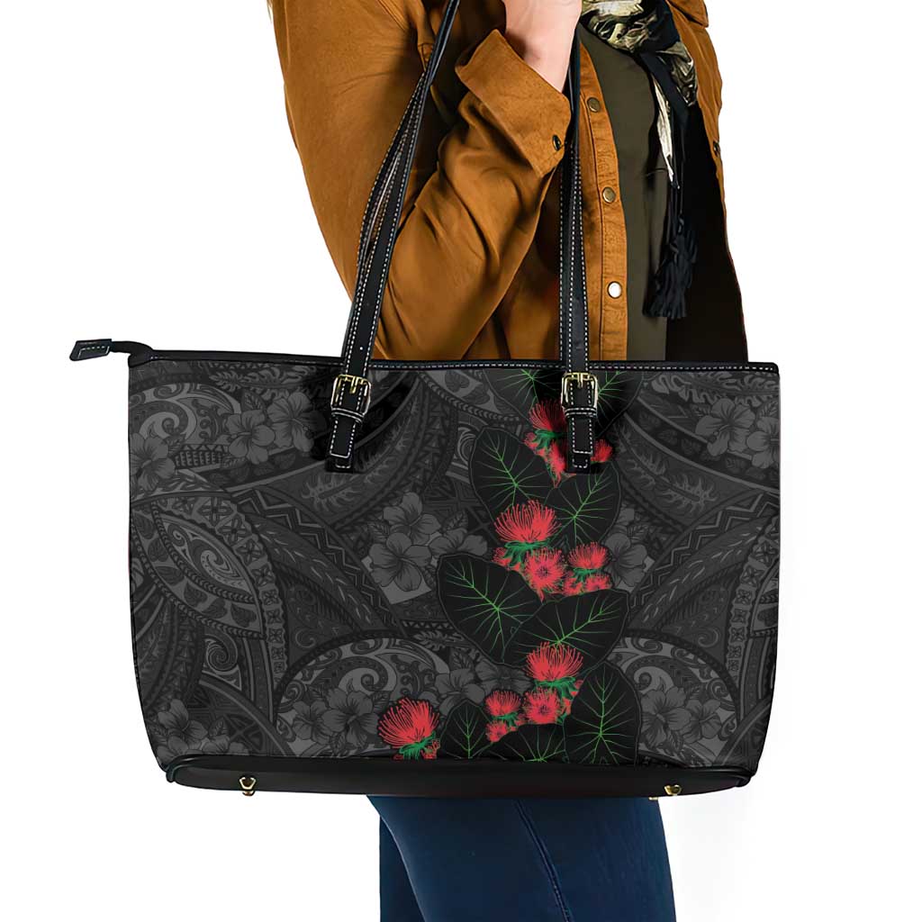 Hawaiian Taro Leaves and Ohia Lehua Leather Tote Bag Polynesian Tribal Art Tropical Plants Motifs Grayscale