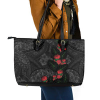 Hawaiian Taro Leaves and Ohia Lehua Leather Tote Bag Polynesian Tribal Art Tropical Plants Motifs Grayscale