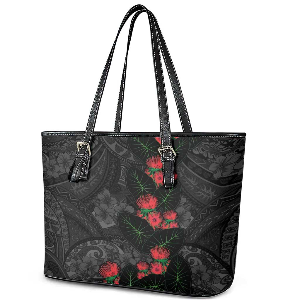 Hawaiian Taro Leaves and Ohia Lehua Leather Tote Bag Polynesian Tribal Art Tropical Plants Motifs Grayscale