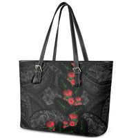 Hawaiian Taro Leaves and Ohia Lehua Leather Tote Bag Polynesian Tribal Art Tropical Plants Motifs Grayscale
