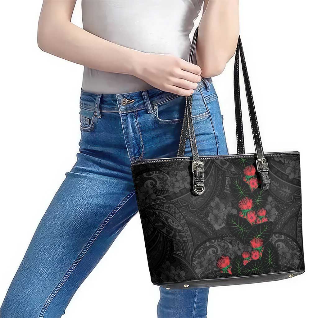 Hawaiian Taro Leaves and Ohia Lehua Leather Tote Bag Polynesian Tribal Art Tropical Plants Motifs Grayscale
