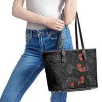 Hawaiian Taro Leaves and Ohia Lehua Leather Tote Bag Polynesian Tribal Art Tropical Plants Motifs Grayscale